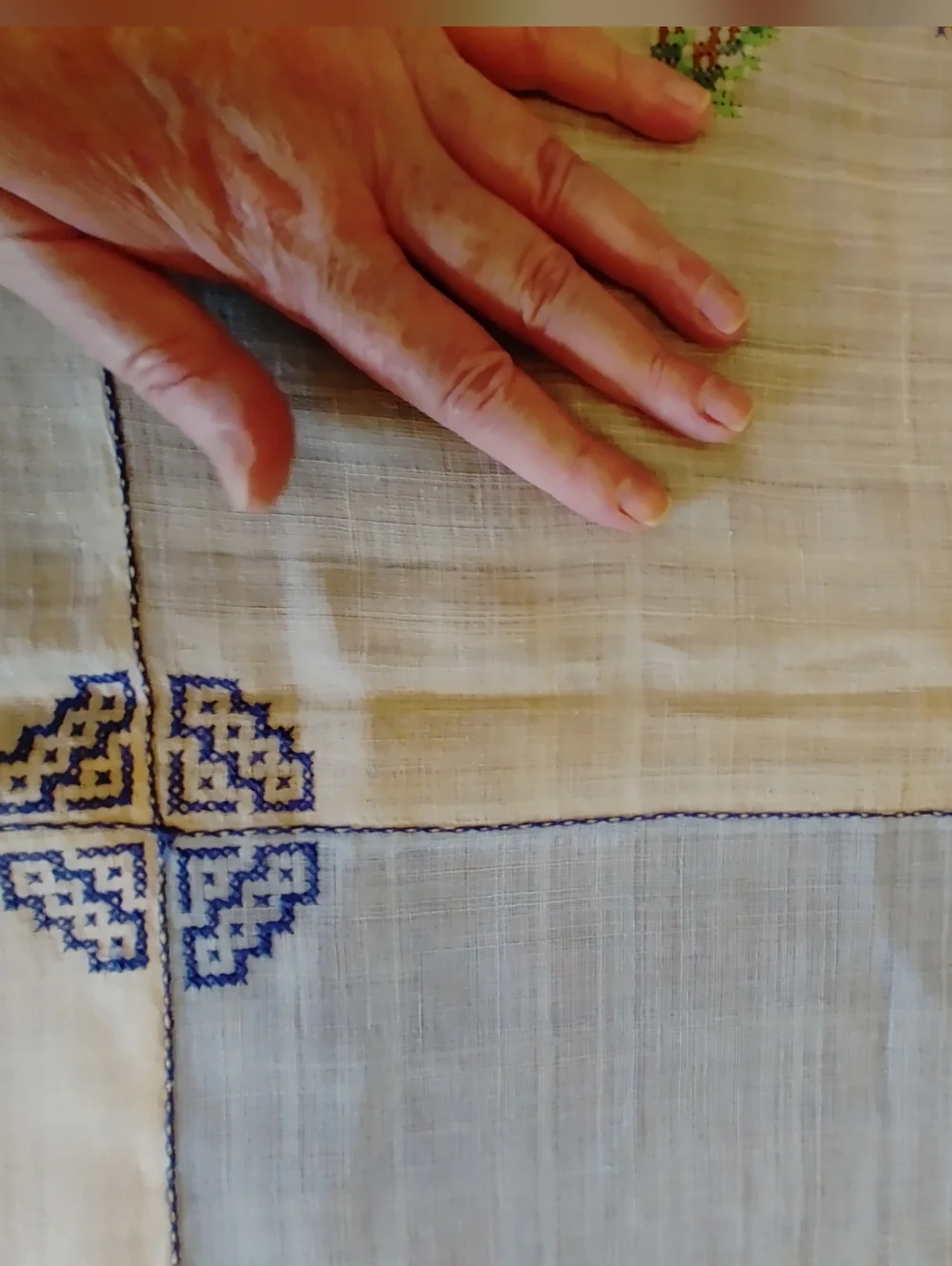 Hand-Embroidered Blue & Cream Tablecloth - Antique Linen 84